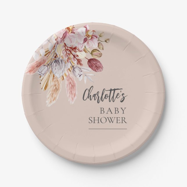 Pampas Grass Terracotta Boho Baby Shower Paper Plates (Front)