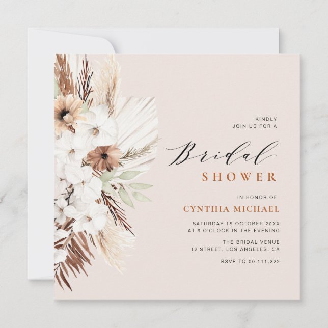 pampas grass terracotta boho bridal shower invitation (Front)