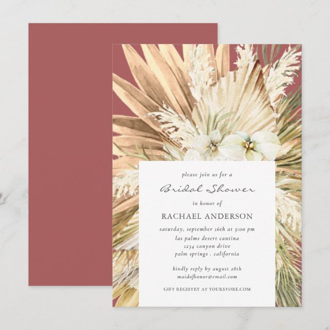 Pampas Grass Terracotta Boho Bridal Shower Invitation (Front/Back)