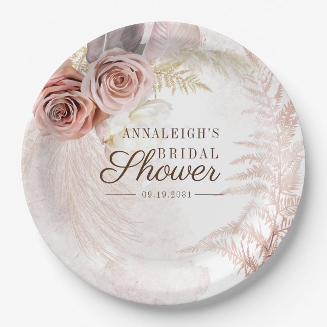Pampas Grass Terracotta Boho Bridal Shower Paper Plates (Front)