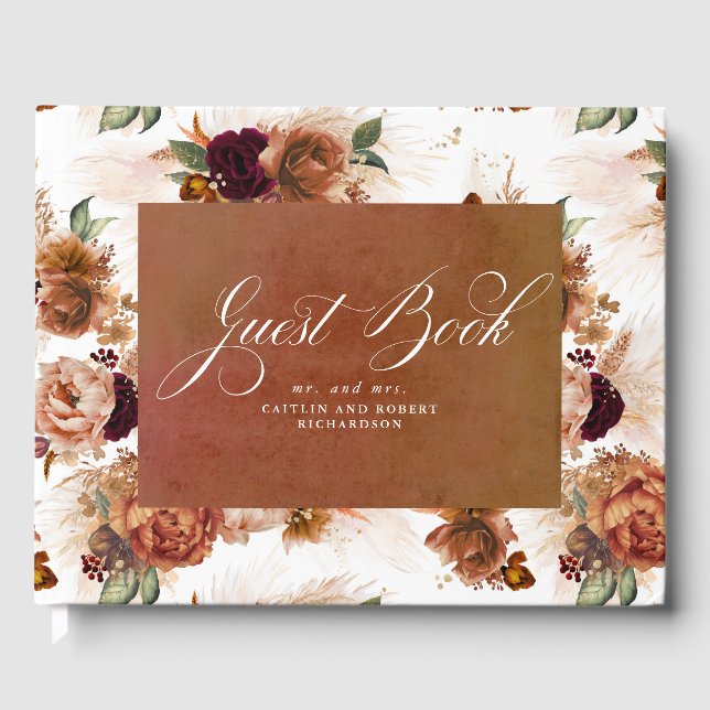 Pampas Grass Terracotta Boho Floral Wedding Guest Book (Front)