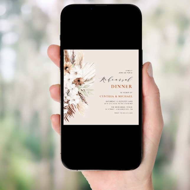  pampas grass terracotta boho rehearsal dinner invitation (Front Digital)