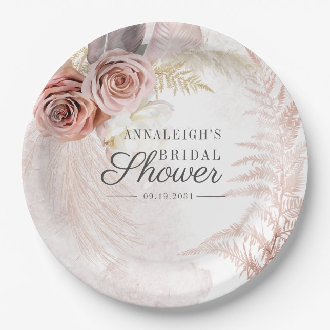 Pampas Grass Terracotta Boho Tan Bridal Shower Paper Plates (Front)