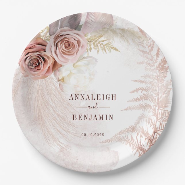 Pampas Grass Terracotta Boho Wedding Paper Plates (Front)