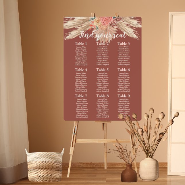 Pampas Grass Terracotta Boho Wedding Seating Chart Foam Board (Creator Uploaded)