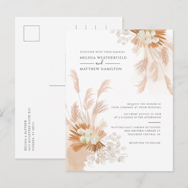 Pampas Grass Terracotta Botanical Palm Wedding Invitation Postcard (Front/Back)