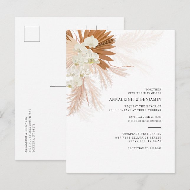 Pampas Grass Terracotta Botanical Palms Wedding Invitation Postcard (Front/Back)