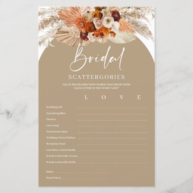 Pampas grass terracotta bridal Scattergories game (Front)