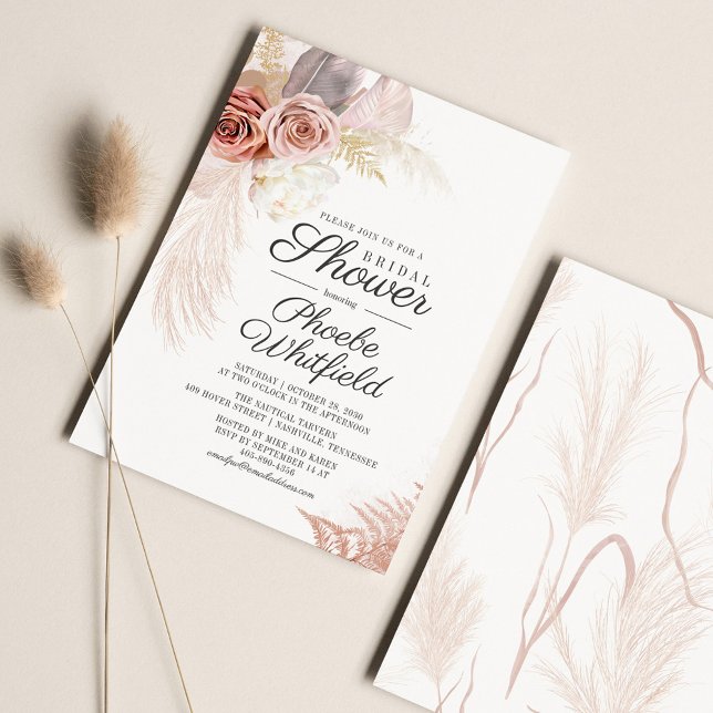 Pampas Grass Terracotta Bridal Shower Invitation (Pampas Grass Script Floral Bridal Shower Invitation)