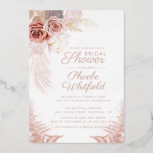 Pampas Grass Terracotta Bridal Shower Rose Gold Foil Invitation