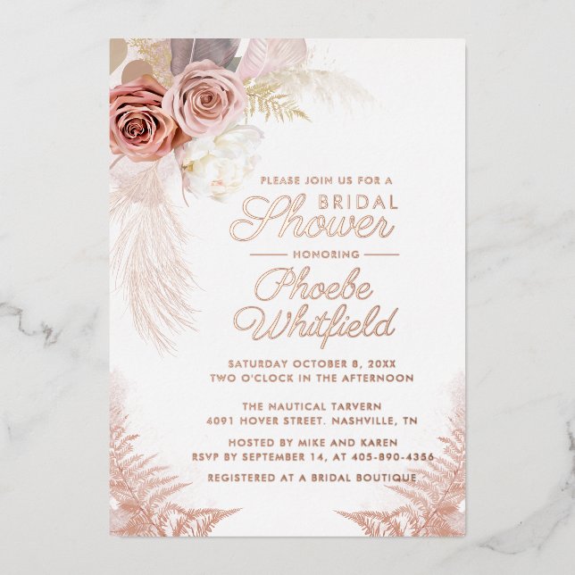 Pampas Grass Terracotta Bridal Shower Rose Gold Foil Invitation (Front)