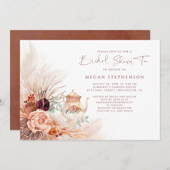 Pampas Grass Terracotta Bridal Shower Tea  Invitation (Front/Back)