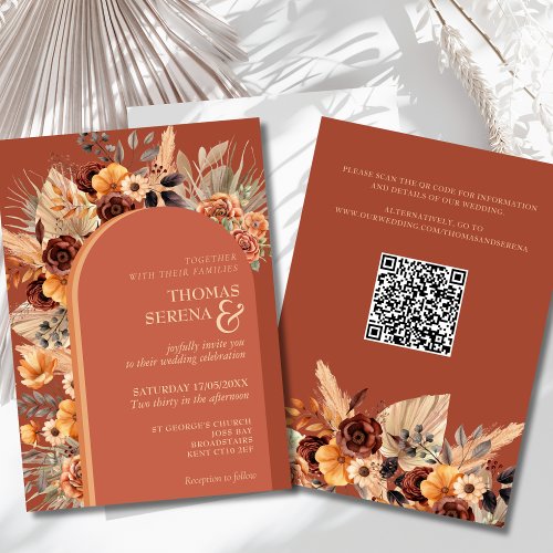 Pampas Grass Terracotta Fall Rust QR Code Wedding  Invitation