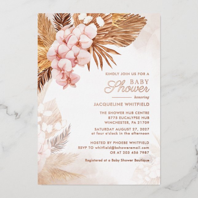 Pampas Grass Terracotta Floral Baby Shower Gold Foil Invitation (Front)