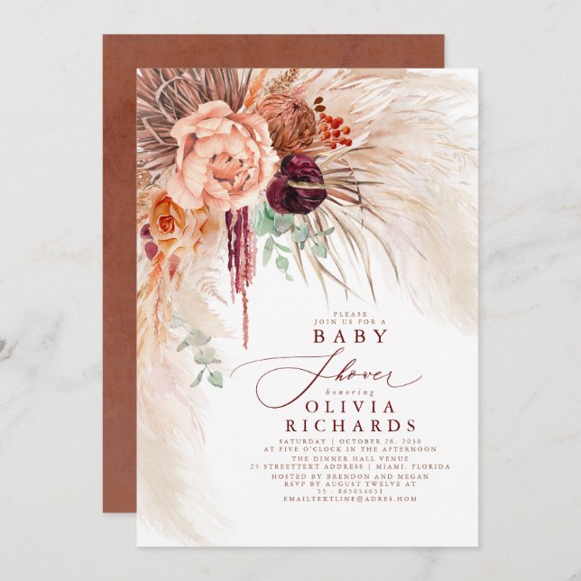 Pampas Grass Terracotta Floral Baby Shower Invitation (Front/Back)