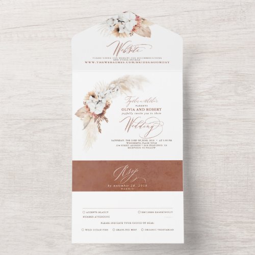 Pampas Grass Terracotta Floral Boho Wedding All In One Invitation