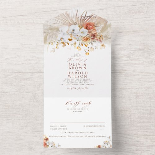 Pampas Grass Terracotta Floral Boho Wedding All In One Invitation