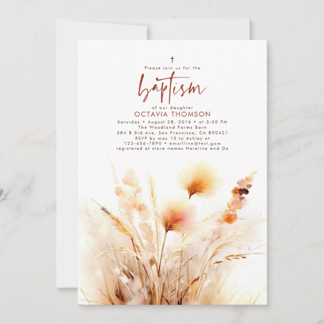 Pampas Grass Terracotta Floral Fall Baptism Invitation (Front)