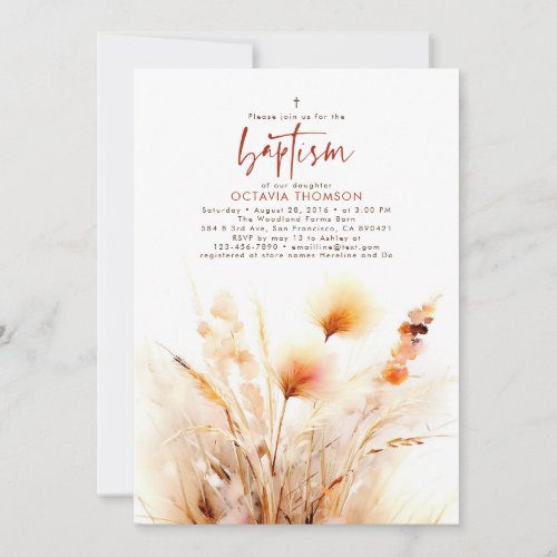 Pampas Grass Terracotta Floral Fall Baptism Invitation