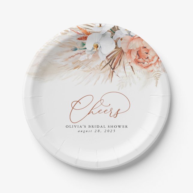 Pampas Grass Terracotta Flowers Cheers Tropical Paper Plates (Front)