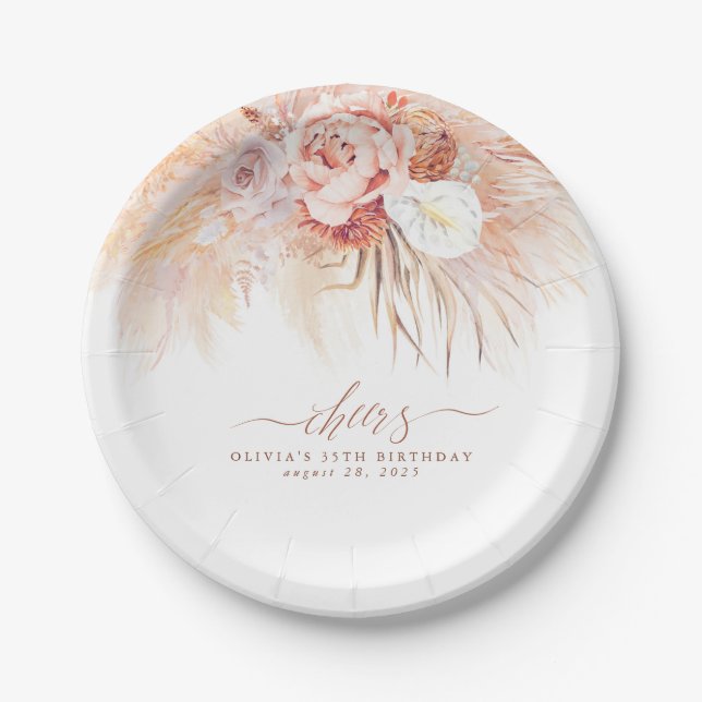 Pampas Grass Terracotta Flowers Cheers Tropical Paper Plates (Front)