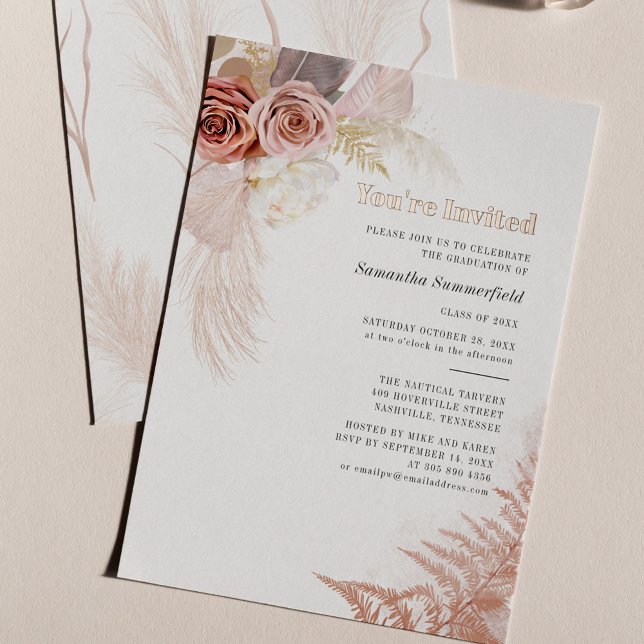 Pampas Grass Terracotta Graduation 2025 Rose Gold Foil Invitation (Pampas Grass Floral Graduation 2024 Party Invitation)