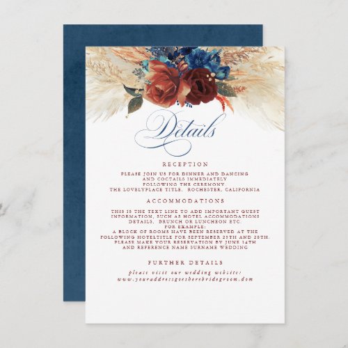 Pampas Grass Terracotta Navy Blue Wedding Details Enclosure Card