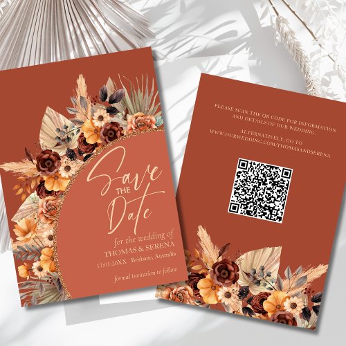 Pampas Grass Terracotta QR Code Save The Date Fall Invitation