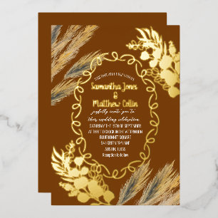 Pampas Grass Terracotta Rust Gold Foil Wedding Invitation