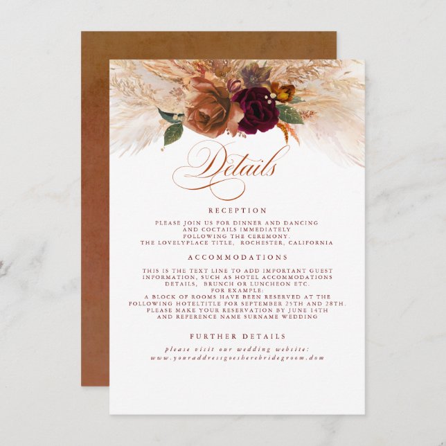 Pampas Grass Terracotta Rust Wedding Details Enclosure Card (Front/Back)