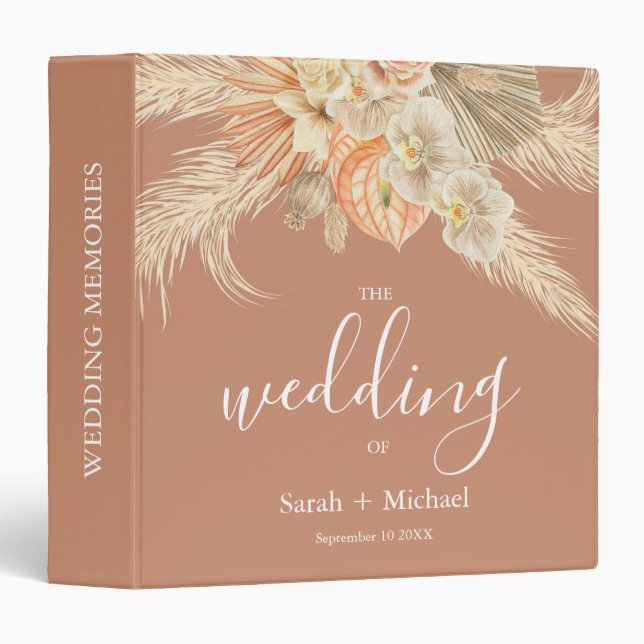 Pampas Grass Terracotta Rustic Bohemian Wedding 3 Ring Binder (Front/Spine)