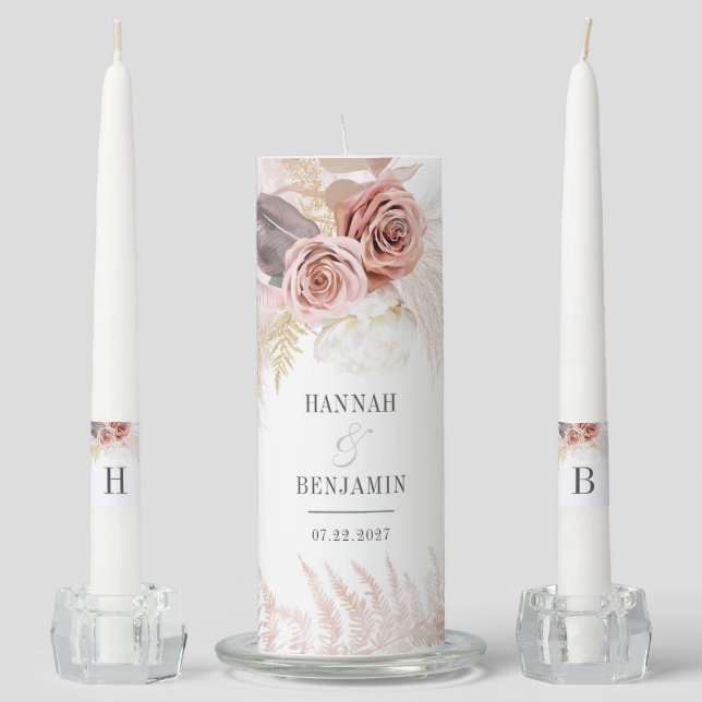 Pampas Grass Terracotta Rustic Floral Wedding Unity Candle Set (Front)