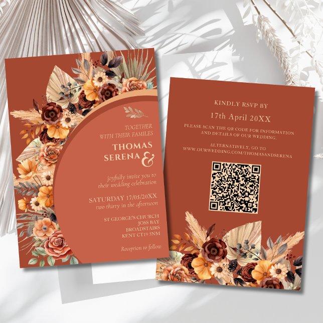 Pampas Grass Terracotta Rustic QR Code Wedding  Invitation (Creator Uploaded)