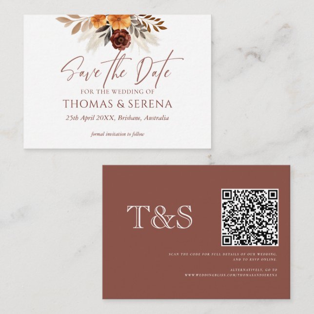 Pampas Grass Terracotta Save The Date QR Code Note Card (Front/Back)