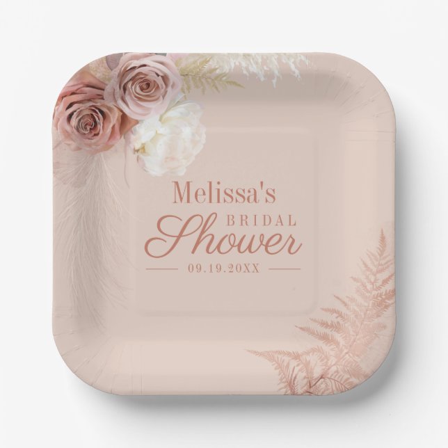Pampas Grass Terracotta Script Bridal Shower Paper Plates (Front)