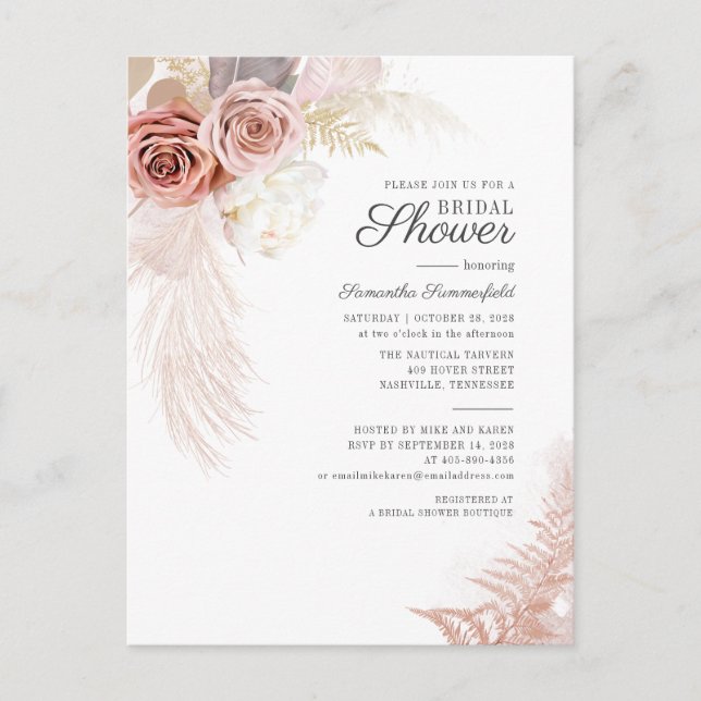Pampas Grass Terracotta Tan Leaves Bridal Shower Invitation Postcard (Front)