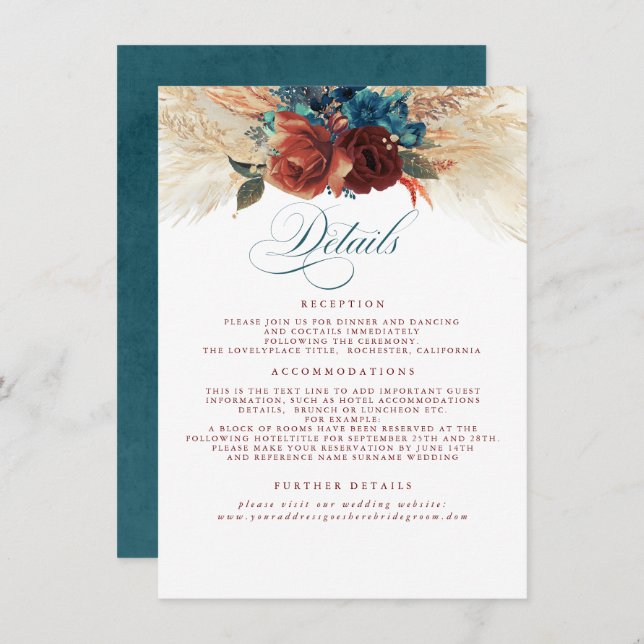 Pampas Grass Terracotta Teal Wedding Details Enclosure Card (Front/Back)