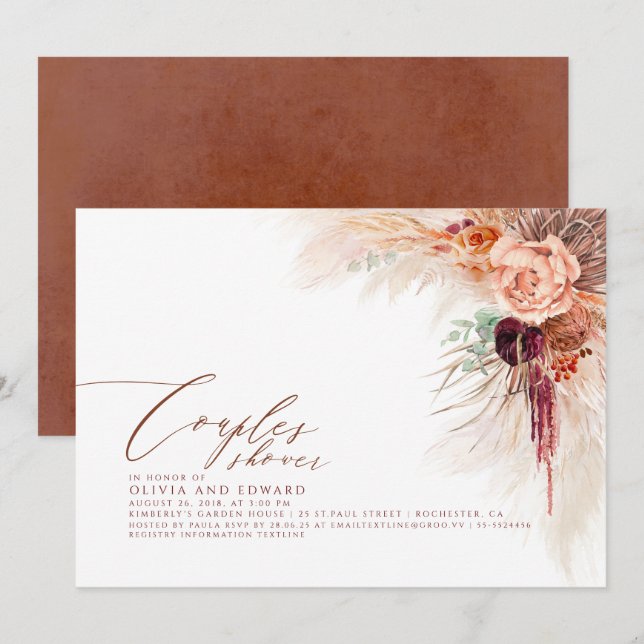 Pampas Grass Terracotta Tropical Couples Shower Invitation (Front/Back)