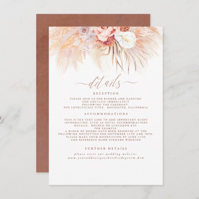 Pampas Grass Terracotta Wedding Details Enclosure Card (Front/Back)