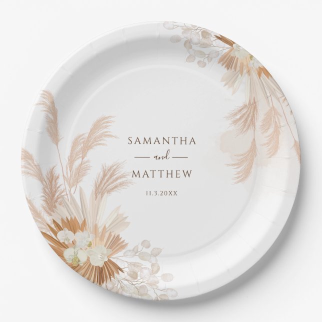 Pampas Grass Terracotta Wedding Party Paper Plates (Front)