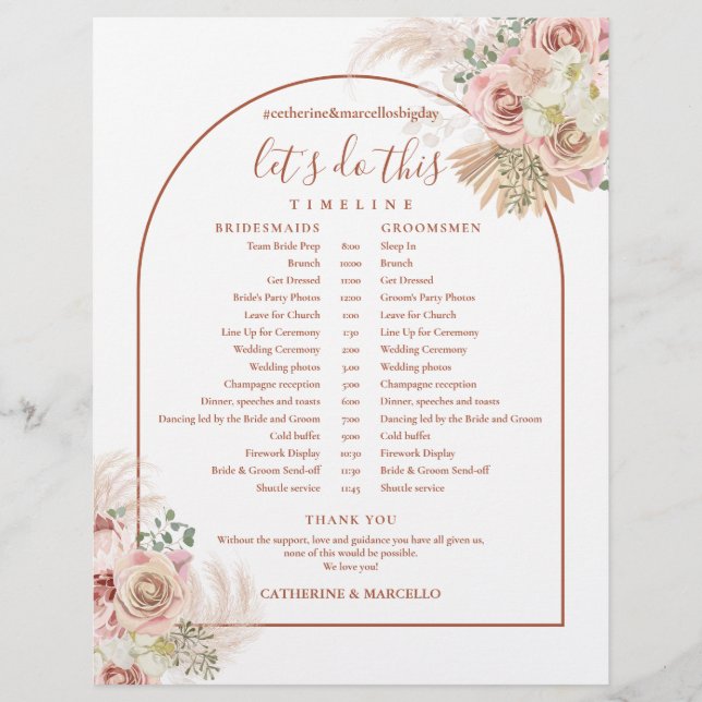 Pampas Grass Terracotta Wedding Schedule Timeline (Front)