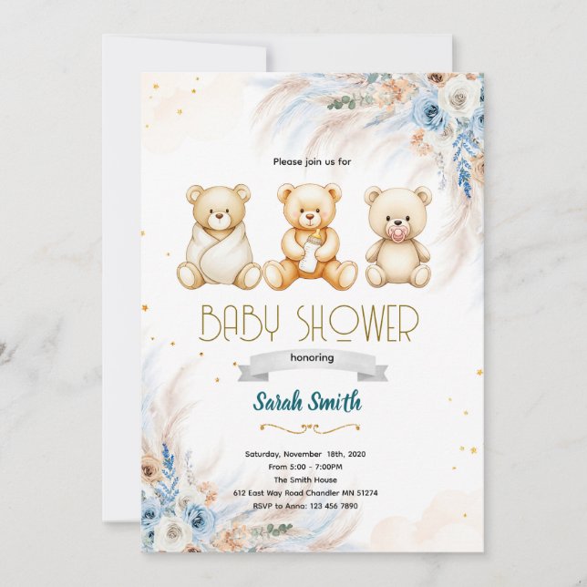 Pampas Grass Triplet bear invitation (Front)