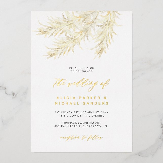 Pampas grass tropical wedding gold real foil invitation (Front)