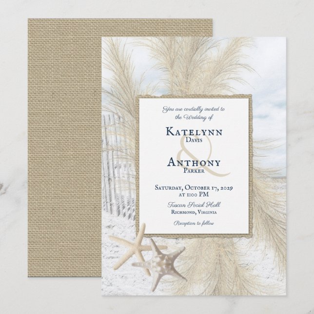 Pampas Grass Vintage Beach Wedding Invitation (Front/Back)