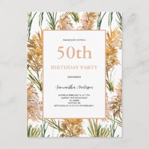 Pampas Grass Watercolor 50th Birthday Invitation Postcard