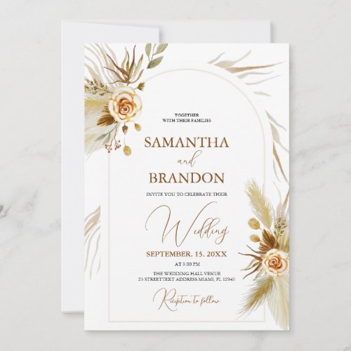 Pampas grass watercolor boho elegant wedding invitation