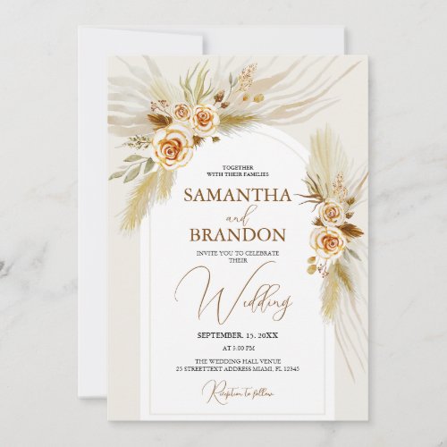 Pampas grass watercolor boho wedding invitation