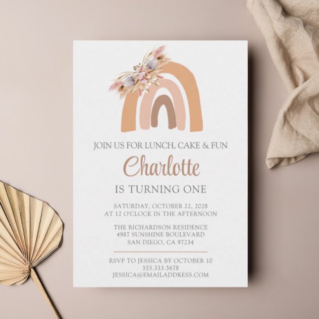 Pampas Grass Watercolor Rainbow First Birthday Invitation (Creator Uploaded)
