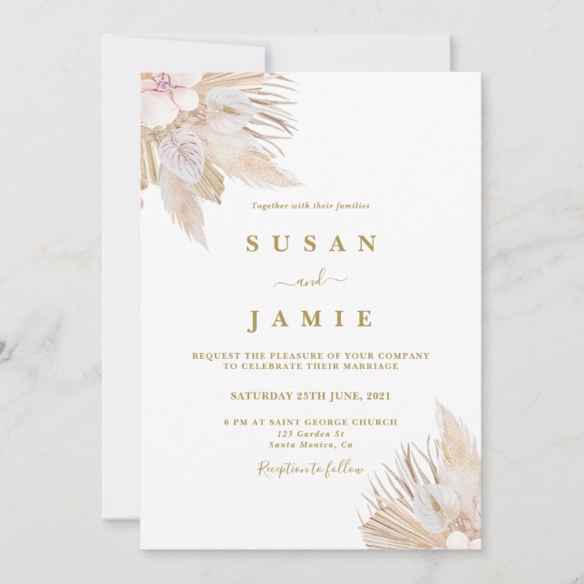 Pampas grass watercolor wedding invitation (Front)