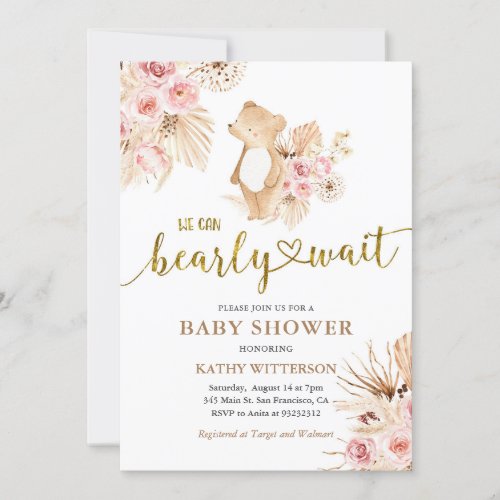 Pampas Grass We can Bearly Wait Baby Shower Invitation